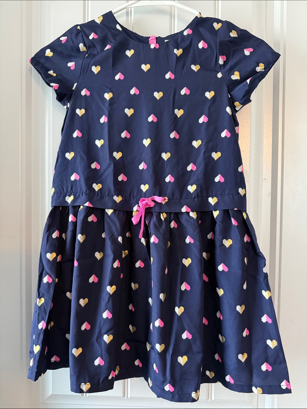 Brand New Navy Heart-Print Casual Dress with Pink Tie for Girls